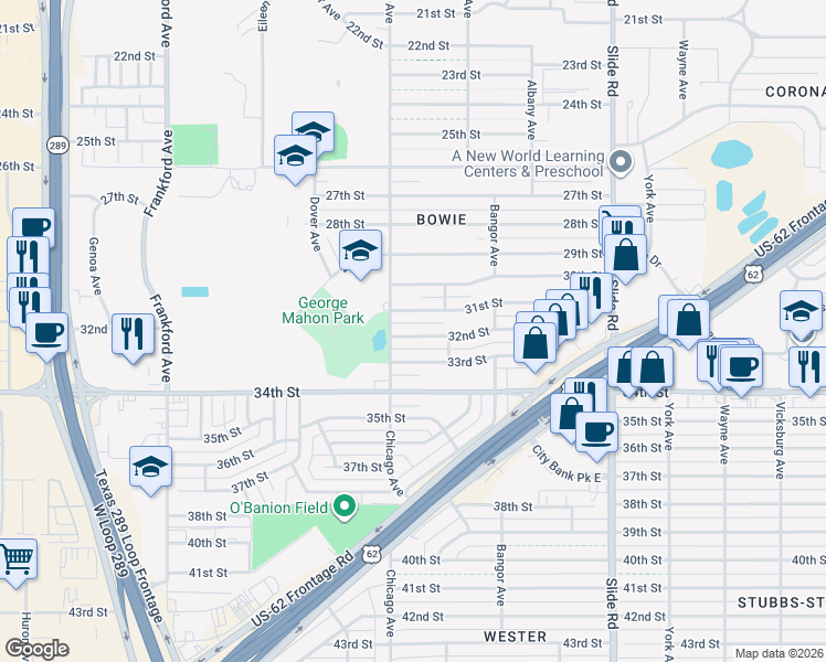 map of restaurants, bars, coffee shops, grocery stores, and more near 5424 32nd Street in Lubbock