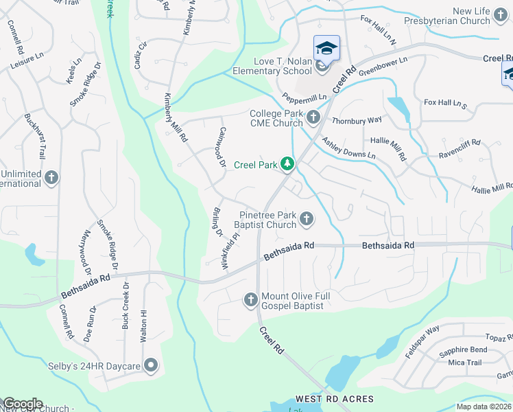map of restaurants, bars, coffee shops, grocery stores, and more near 3005 Creel Road in College Park