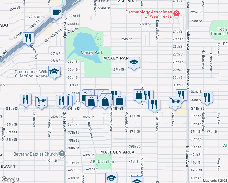 map of restaurants, bars, coffee shops, grocery stores, and more near 3816 32nd Street in Lubbock