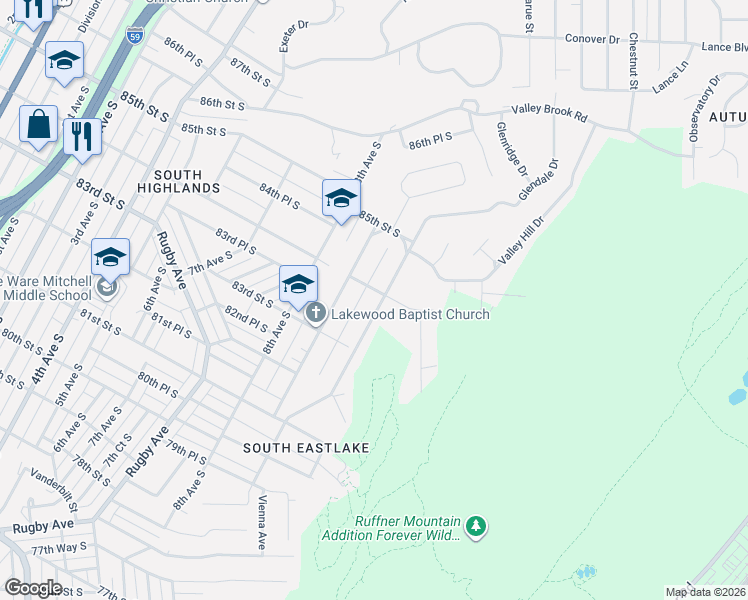map of restaurants, bars, coffee shops, grocery stores, and more near 8348 10th Avenue South in Birmingham