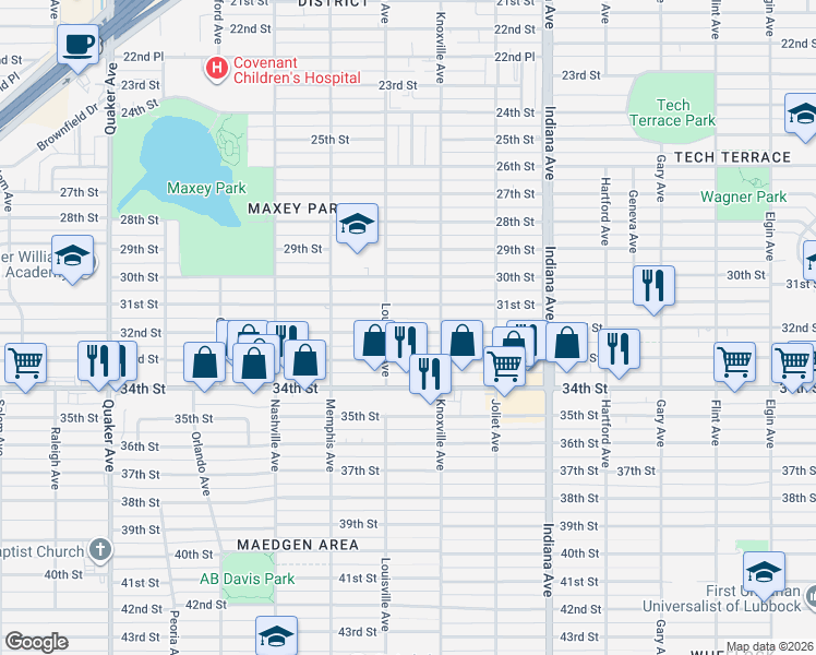 map of restaurants, bars, coffee shops, grocery stores, and more near 3616 32nd Street in Lubbock