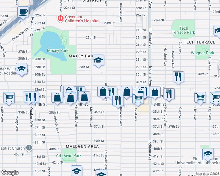 map of restaurants, bars, coffee shops, grocery stores, and more near 3616 32nd Street in Lubbock