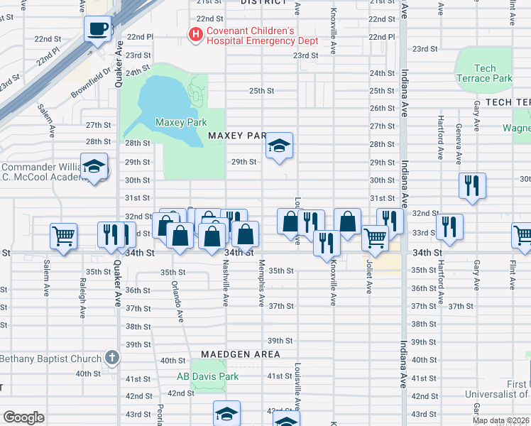map of restaurants, bars, coffee shops, grocery stores, and more near 3802 32nd Street in Lubbock