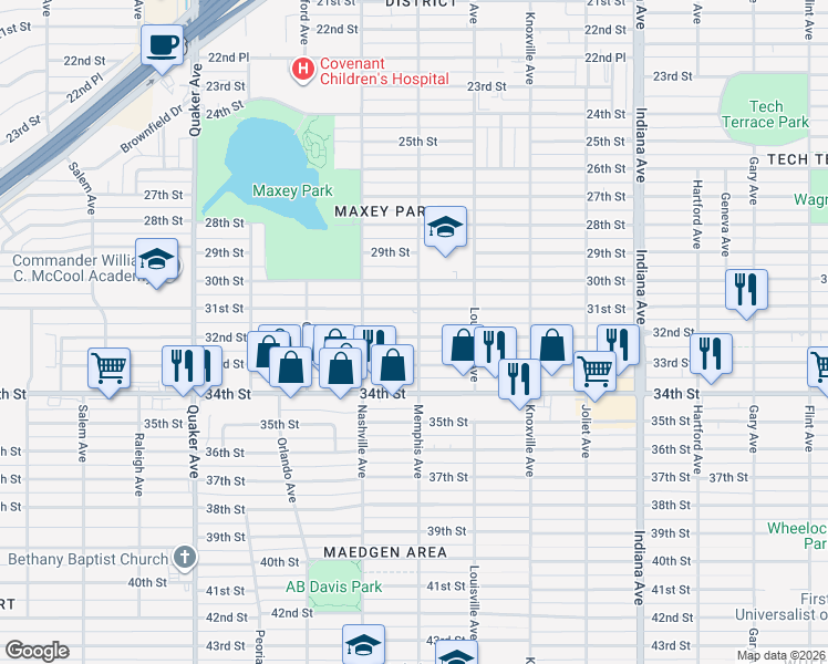 map of restaurants, bars, coffee shops, grocery stores, and more near 3802 32nd Street in Lubbock