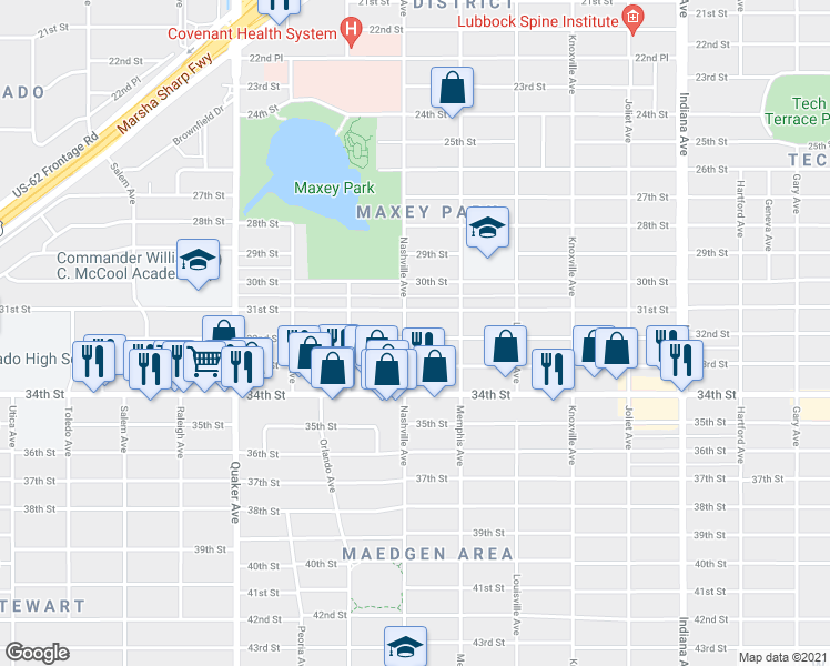 map of restaurants, bars, coffee shops, grocery stores, and more near 3816 32nd Street in Lubbock