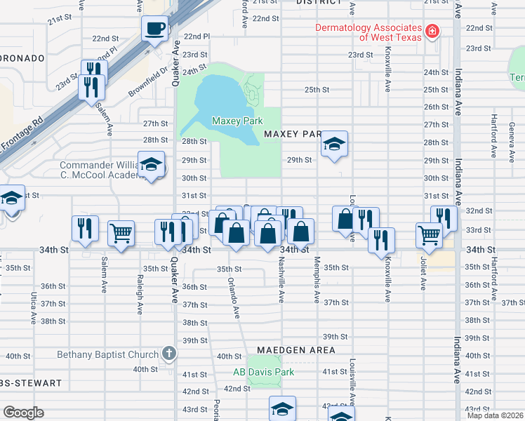 map of restaurants, bars, coffee shops, grocery stores, and more near 4010 32nd Street in Lubbock