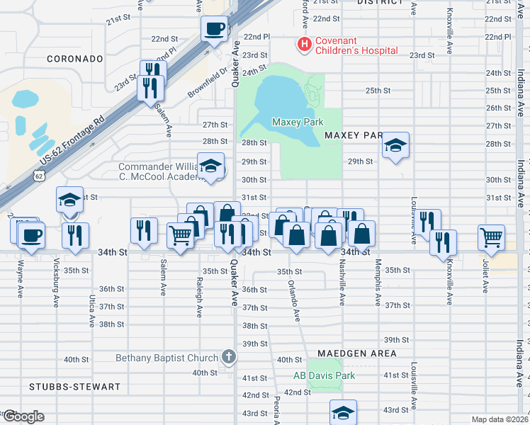 map of restaurants, bars, coffee shops, grocery stores, and more near 4310 32nd Street in Lubbock