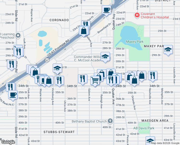 map of restaurants, bars, coffee shops, grocery stores, and more near 4614 32nd Street in Lubbock