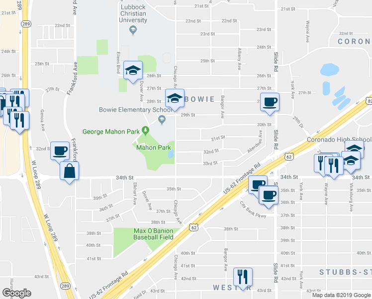 map of restaurants, bars, coffee shops, grocery stores, and more near 5424 32nd Street in Lubbock