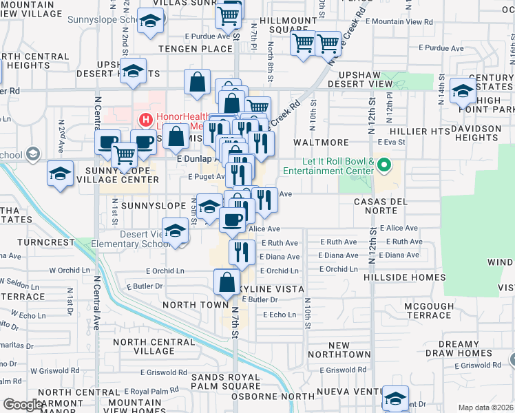 map of restaurants, bars, coffee shops, grocery stores, and more near 8841 North 8th Street in Phoenix