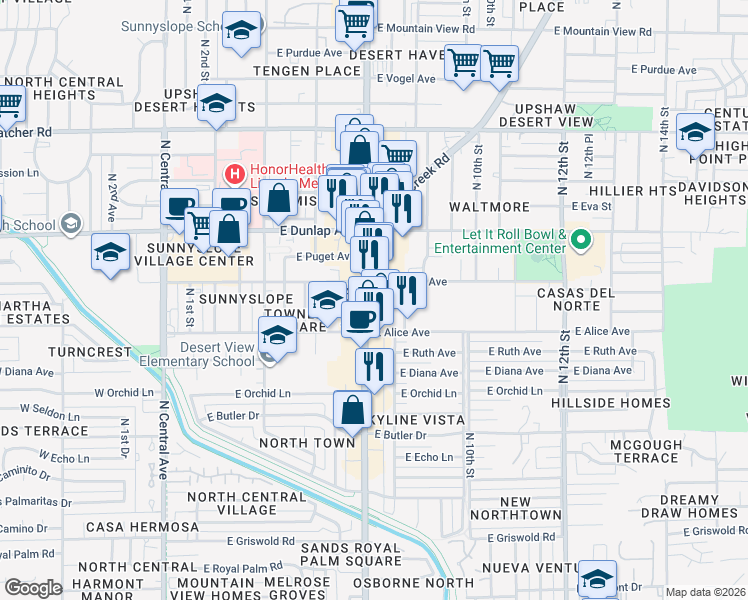 map of restaurants, bars, coffee shops, grocery stores, and more near 8901 North 7th Street in Phoenix