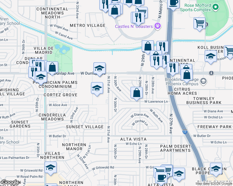 map of restaurants, bars, coffee shops, grocery stores, and more near 3048 West Lawrence Lane in Phoenix