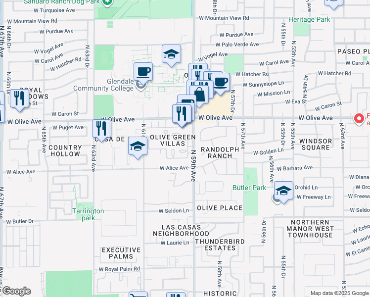 map of restaurants, bars, coffee shops, grocery stores, and more near 5904 West Townley Avenue in Glendale