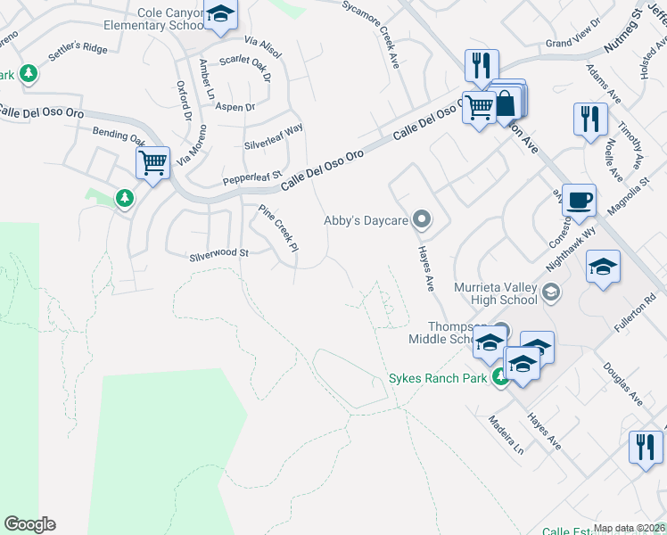 map of restaurants, bars, coffee shops, grocery stores, and more near 38284 Willow Court in Murrieta