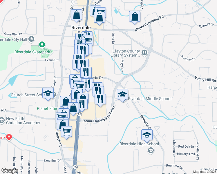 map of restaurants, bars, coffee shops, grocery stores, and more near 582 Roberts Drive in Riverdale