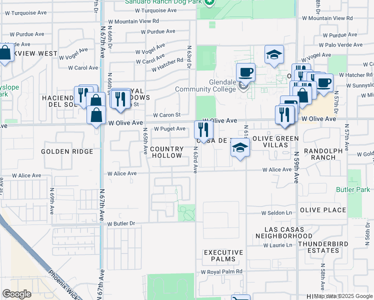 map of restaurants, bars, coffee shops, grocery stores, and more near 6321 West Golden Lane in Glendale