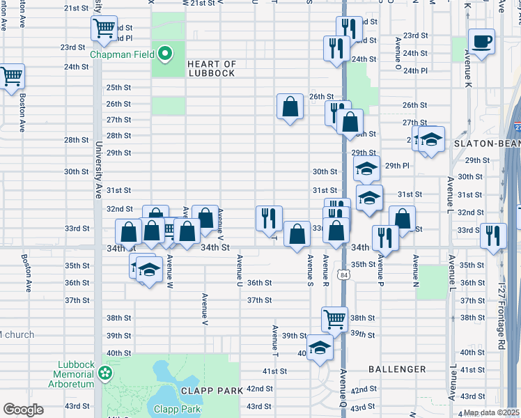 map of restaurants, bars, coffee shops, grocery stores, and more near 2010 32nd Street in Lubbock