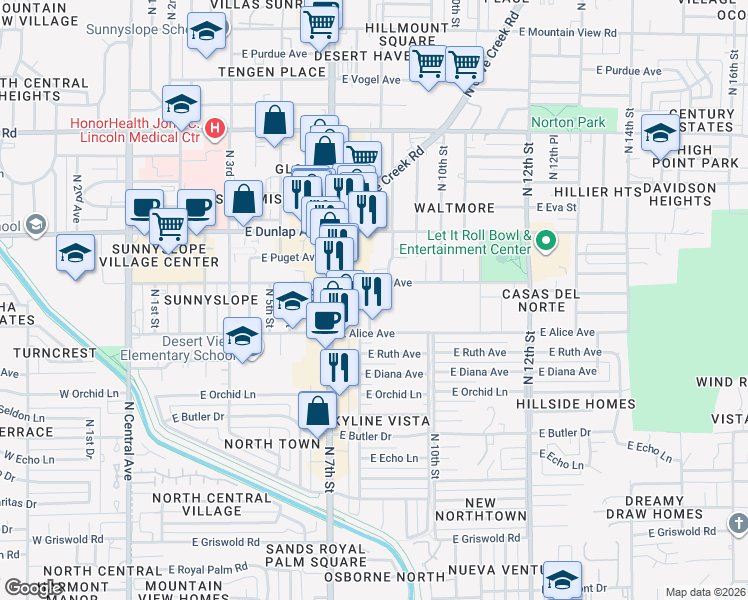 map of restaurants, bars, coffee shops, grocery stores, and more near 8841 North 8th Street in Phoenix