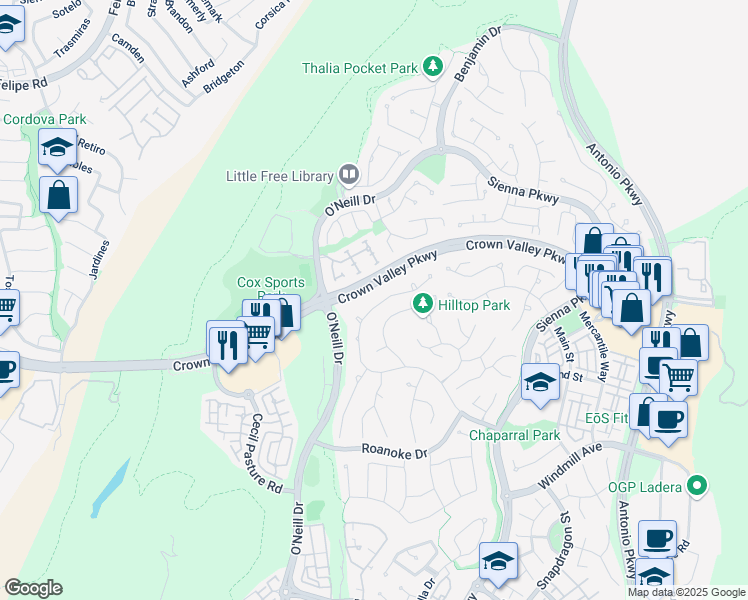 map of restaurants, bars, coffee shops, grocery stores, and more near 43 Flintridge Avenue in Ladera Ranch