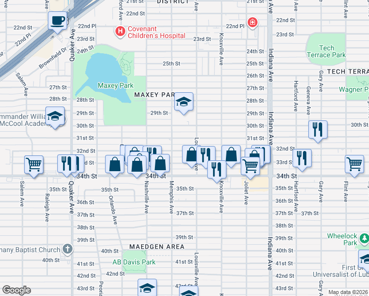 map of restaurants, bars, coffee shops, grocery stores, and more near 3712 32nd Street in Lubbock