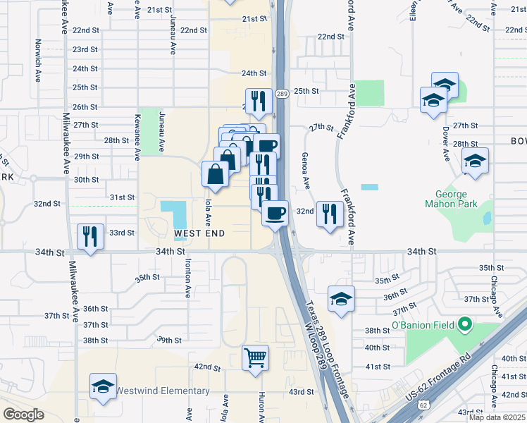 map of restaurants, bars, coffee shops, grocery stores, and more near 3204 West Loop 289 Access Road in Lubbock