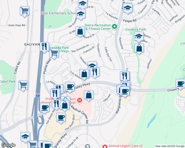 map of restaurants, bars, coffee shops, grocery stores, and more near 26763 Plaza in Mission Viejo