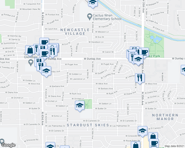 map of restaurants, bars, coffee shops, grocery stores, and more near North 39th Avenue in Phoenix