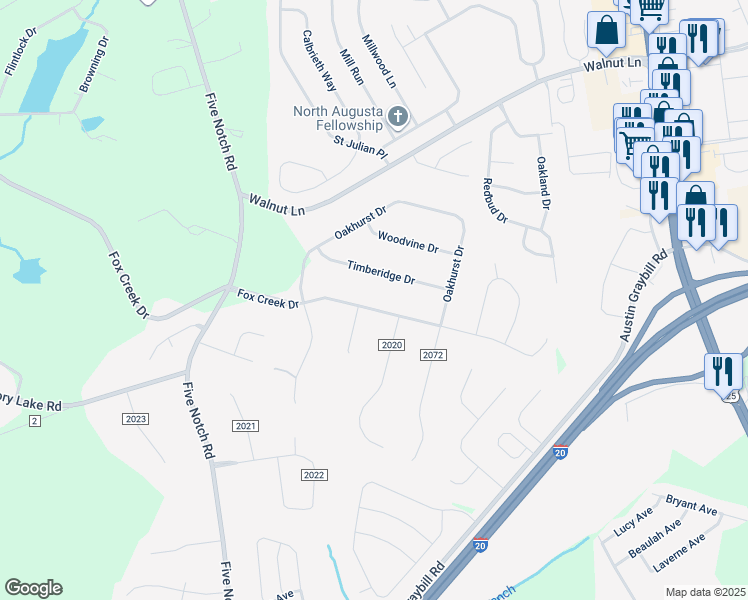 map of restaurants, bars, coffee shops, grocery stores, and more near 18 Fox Creek Drive in North Augusta