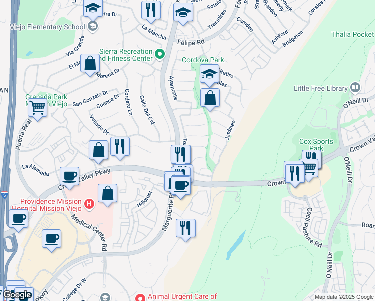 map of restaurants, bars, coffee shops, grocery stores, and more near 27362 Tossamar in Mission Viejo