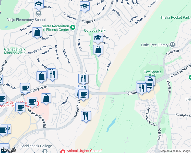 map of restaurants, bars, coffee shops, grocery stores, and more near 27182 Cedros in Mission Viejo