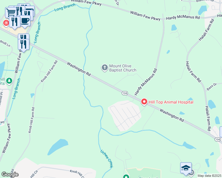 map of restaurants, bars, coffee shops, grocery stores, and more near 4950 Washington Road in Evans