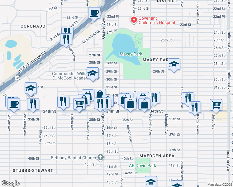 map of restaurants, bars, coffee shops, grocery stores, and more near 4304 32nd Street in Lubbock