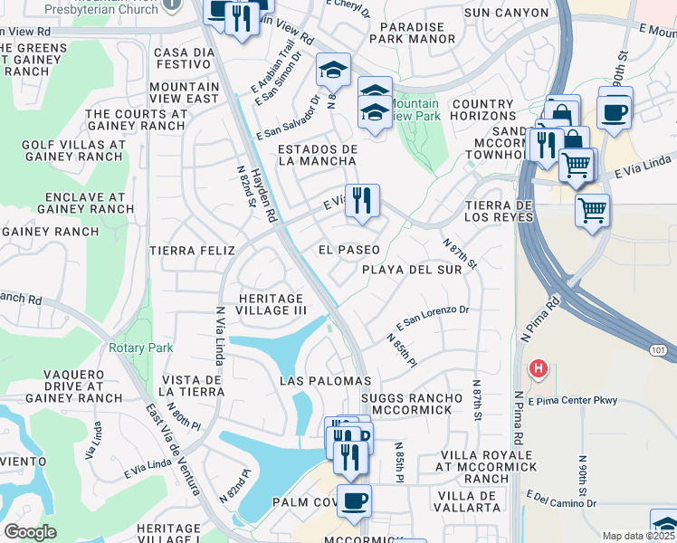 map of restaurants, bars, coffee shops, grocery stores, and more near 8415 East San Pedro Drive in Scottsdale