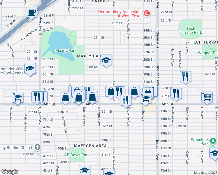 map of restaurants, bars, coffee shops, grocery stores, and more near 3708 32nd Street in Lubbock