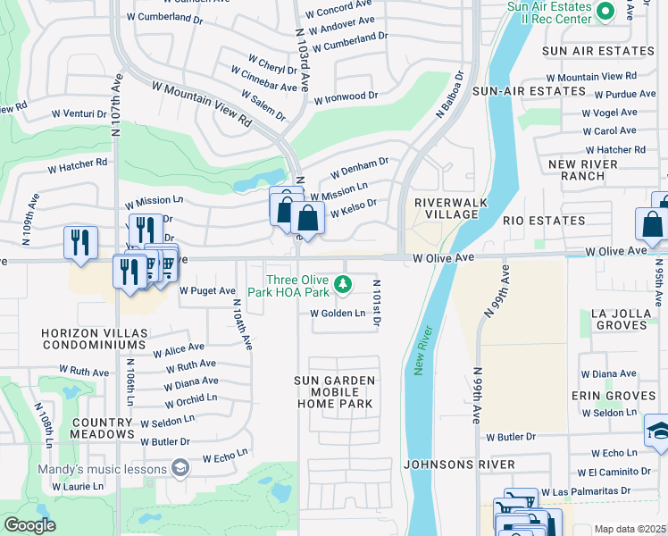 map of restaurants, bars, coffee shops, grocery stores, and more near 10224 West Puget Avenue in Peoria