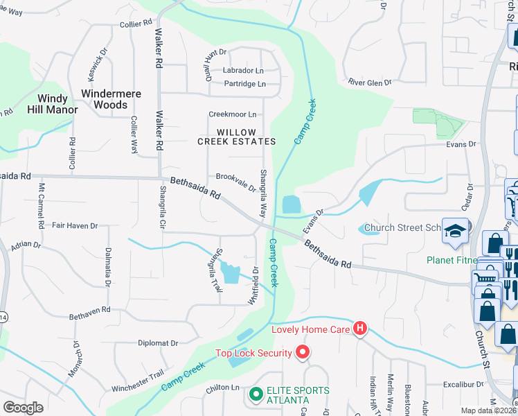 map of restaurants, bars, coffee shops, grocery stores, and more near 6941 Shangrila Way in Riverdale