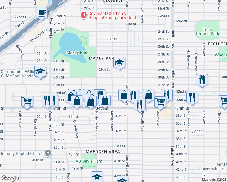 map of restaurants, bars, coffee shops, grocery stores, and more near 3802 32nd Street in Lubbock