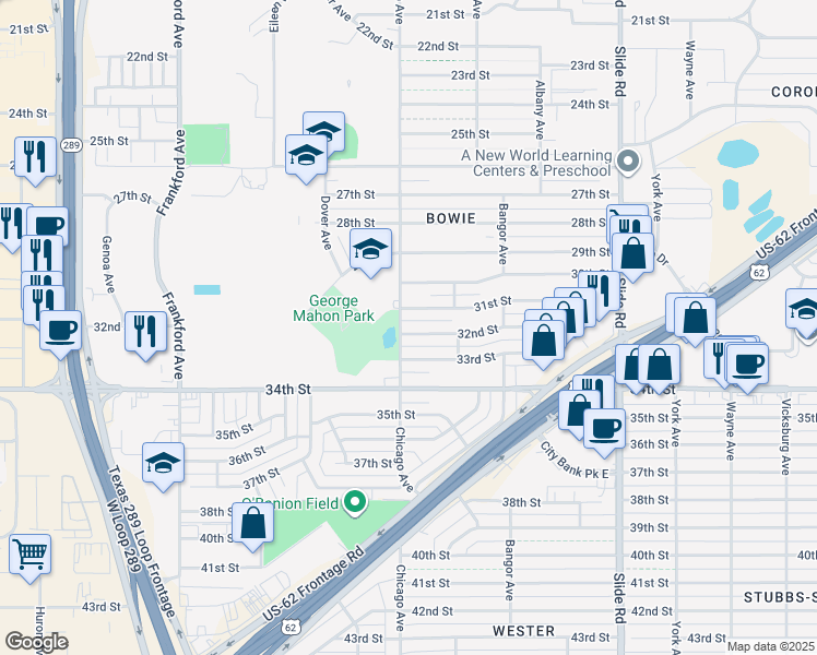 map of restaurants, bars, coffee shops, grocery stores, and more near 5438 32nd Street in Lubbock