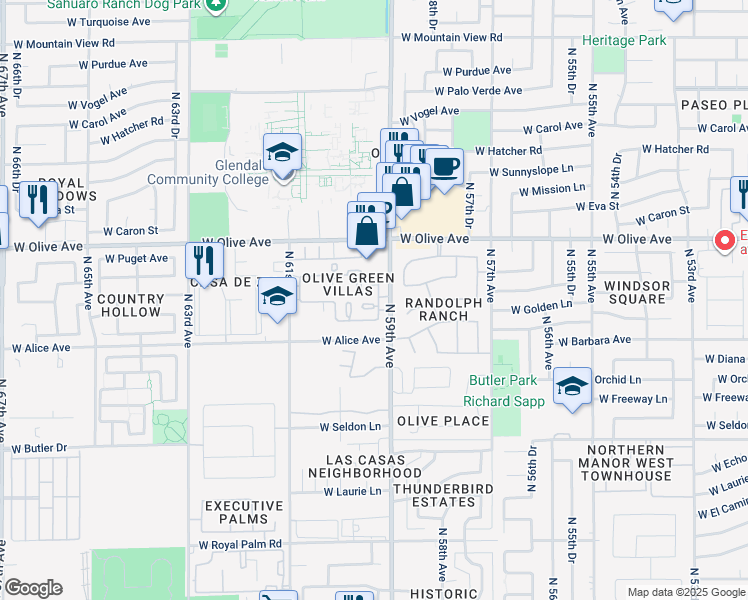 map of restaurants, bars, coffee shops, grocery stores, and more near 5904 West Townley Avenue in Glendale