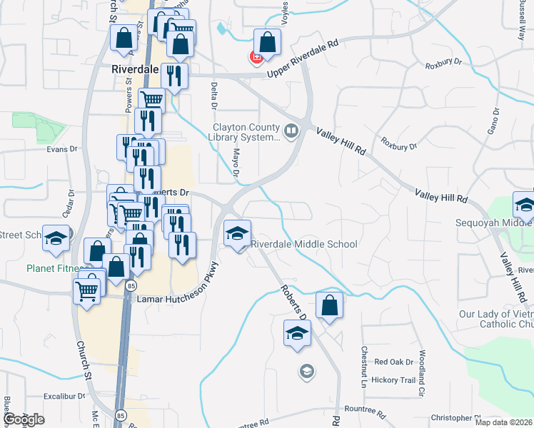 map of restaurants, bars, coffee shops, grocery stores, and more near 501 Roberts Drive in Riverdale