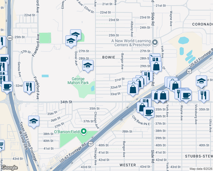 map of restaurants, bars, coffee shops, grocery stores, and more near 5424 32nd Street in Lubbock