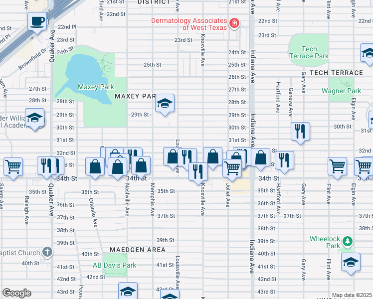 map of restaurants, bars, coffee shops, grocery stores, and more near 3616 32nd Street in Lubbock