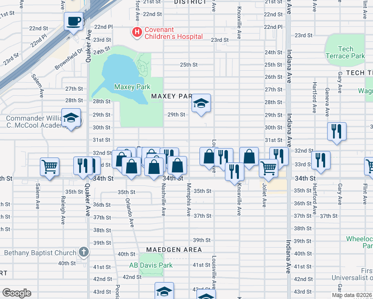 map of restaurants, bars, coffee shops, grocery stores, and more near 3802 32nd Street in Lubbock
