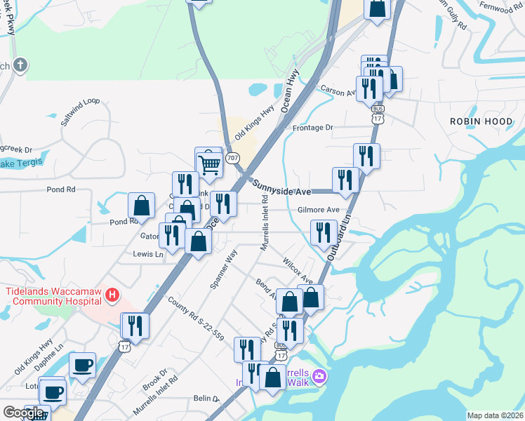 map of restaurants, bars, coffee shops, grocery stores, and more near 3764 Murrells Inlet Road in Murrells Inlet