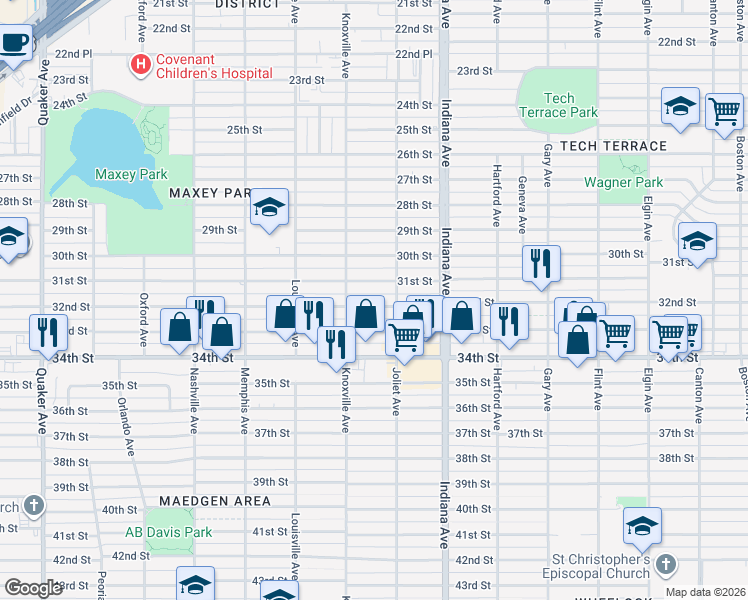 map of restaurants, bars, coffee shops, grocery stores, and more near 3510 32nd Street in Lubbock