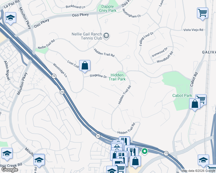 map of restaurants, bars, coffee shops, grocery stores, and more near 25281 Derbyhill Drive in Laguna Hills