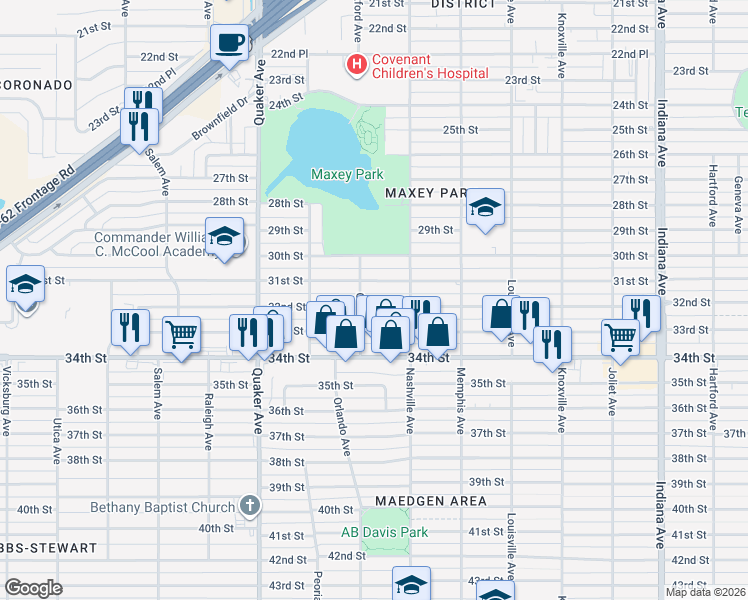 map of restaurants, bars, coffee shops, grocery stores, and more near 4010 32nd Street in Lubbock