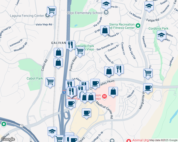 map of restaurants, bars, coffee shops, grocery stores, and more near 26881 La Alameda in Mission Viejo