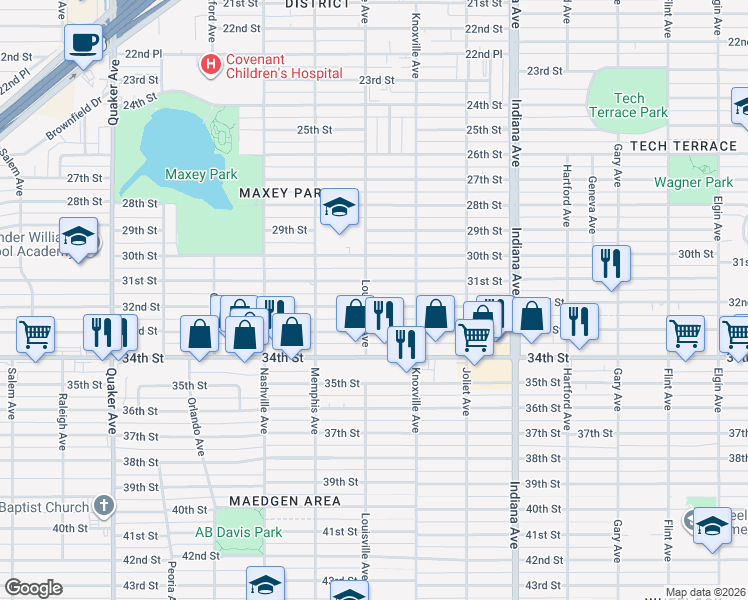 map of restaurants, bars, coffee shops, grocery stores, and more near 3616 32nd Street in Lubbock