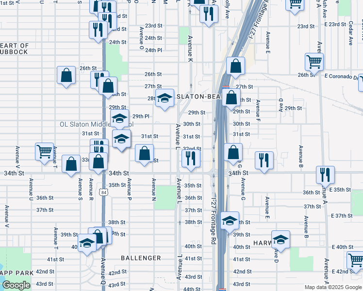 map of restaurants, bars, coffee shops, grocery stores, and more near 1122 32nd St in Lubbock